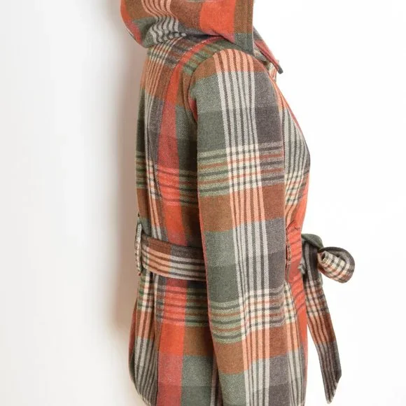 Jack BB Dakota coat jacket rust brown plaid hooded olive green womens S - Picture 4 of 8